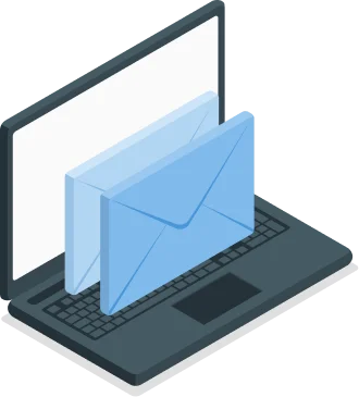 Un ordinateur portable avec un écran lumineux affiche deux enveloppes bleues superposées, symbolisant la communication par e-mail. Le ton est moderne et axé sur le numérique.