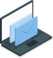 Un ordinateur portable avec un écran lumineux affiche deux enveloppes bleues superposées, symbolisant la communication par e-mail. Le ton est moderne et axé sur le numérique.