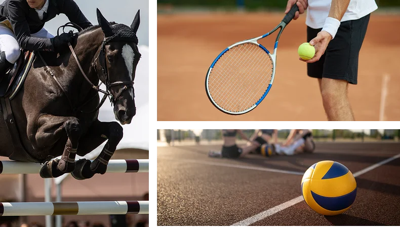 Cheval et cavalier sautant un obstacle, joueur de tennis en chemise blanche prêt à servir, et ballon de volley-ball jaune et bleu sur un terrain extérieur.